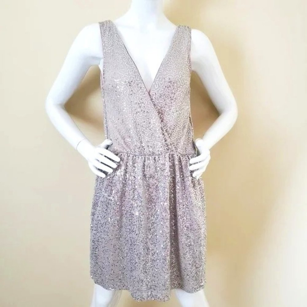 Express Tan Champagne Silver Sequin Sleeveless Mini Dress SZ M